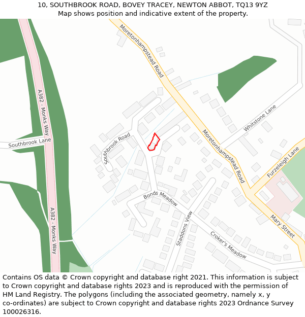 10, SOUTHBROOK ROAD, BOVEY TRACEY, NEWTON ABBOT, TQ13 9YZ: Location map and indicative extent of plot