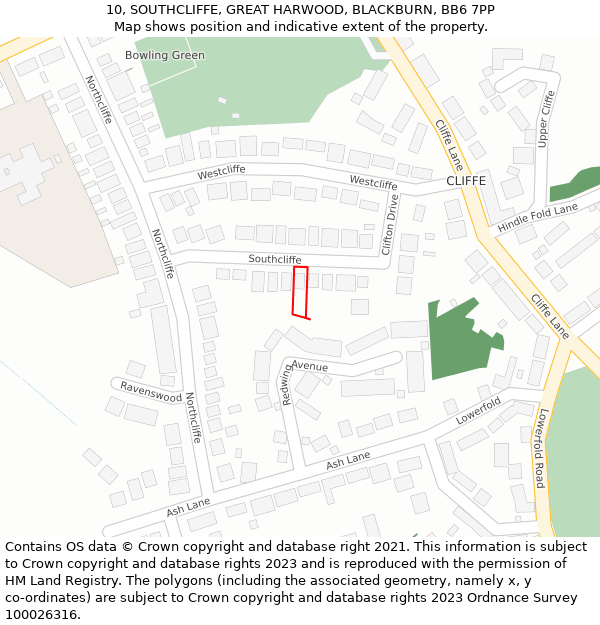 10, SOUTHCLIFFE, GREAT HARWOOD, BLACKBURN, BB6 7PP: Location map and indicative extent of plot