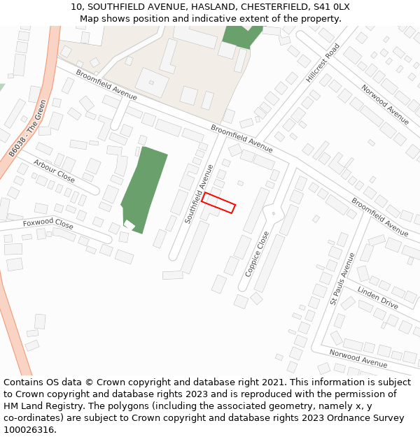 10, SOUTHFIELD AVENUE, HASLAND, CHESTERFIELD, S41 0LX: Location map and indicative extent of plot