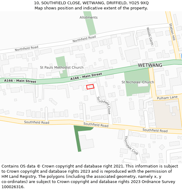 10, SOUTHFIELD CLOSE, WETWANG, DRIFFIELD, YO25 9XQ: Location map and indicative extent of plot