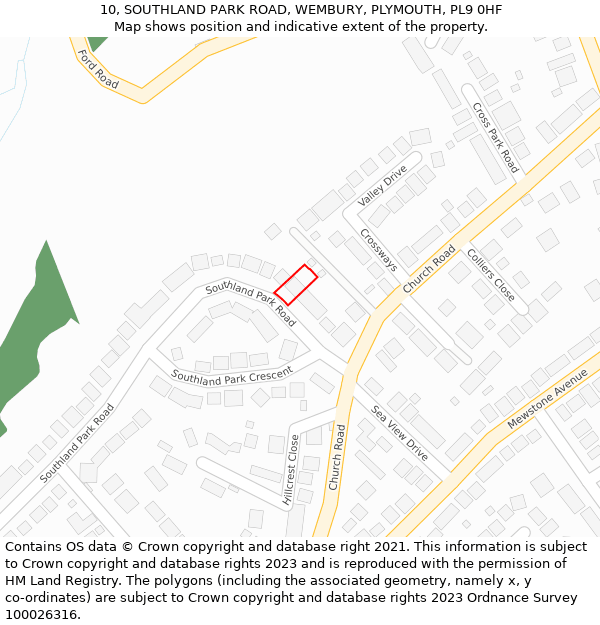 10, SOUTHLAND PARK ROAD, WEMBURY, PLYMOUTH, PL9 0HF: Location map and indicative extent of plot