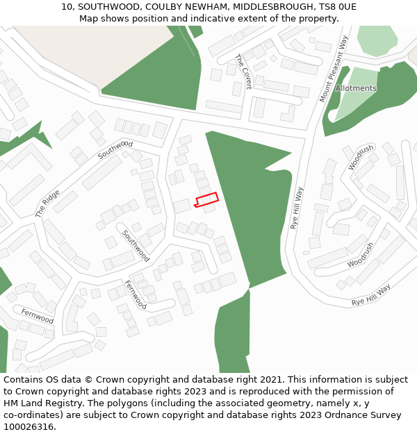 10, SOUTHWOOD, COULBY NEWHAM, MIDDLESBROUGH, TS8 0UE: Location map and indicative extent of plot