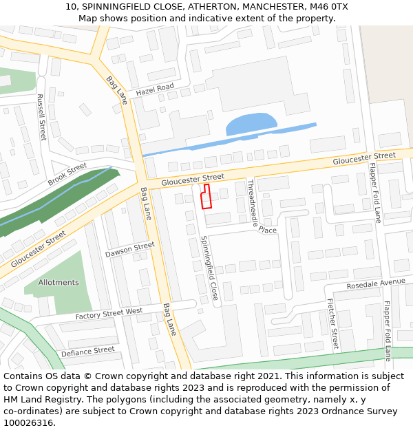 10, SPINNINGFIELD CLOSE, ATHERTON, MANCHESTER, M46 0TX: Location map and indicative extent of plot