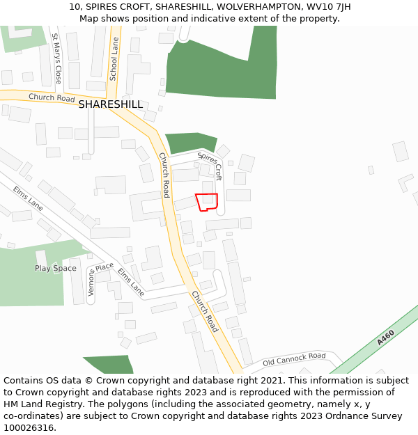 10, SPIRES CROFT, SHARESHILL, WOLVERHAMPTON, WV10 7JH: Location map and indicative extent of plot