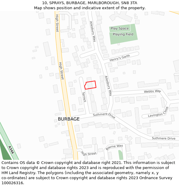 10, SPRAYS, BURBAGE, MARLBOROUGH, SN8 3TA: Location map and indicative extent of plot