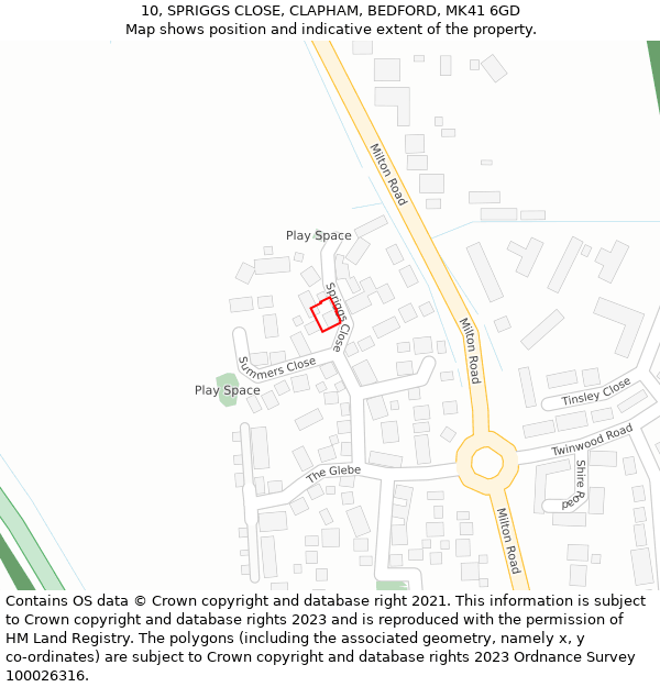 10, SPRIGGS CLOSE, CLAPHAM, BEDFORD, MK41 6GD: Location map and indicative extent of plot