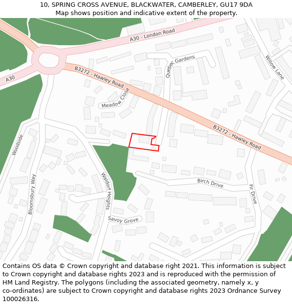 10, SPRING CROSS AVENUE, BLACKWATER, CAMBERLEY, GU17 9DA: Location map and indicative extent of plot