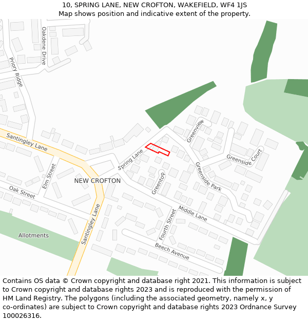 10, SPRING LANE, NEW CROFTON, WAKEFIELD, WF4 1JS: Location map and indicative extent of plot