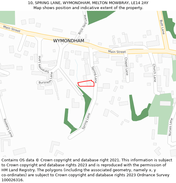 10, SPRING LANE, WYMONDHAM, MELTON MOWBRAY, LE14 2AY: Location map and indicative extent of plot