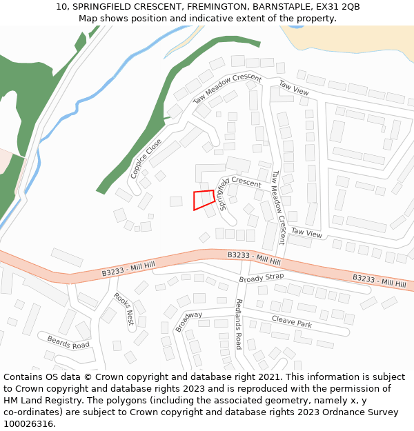 10, SPRINGFIELD CRESCENT, FREMINGTON, BARNSTAPLE, EX31 2QB: Location map and indicative extent of plot