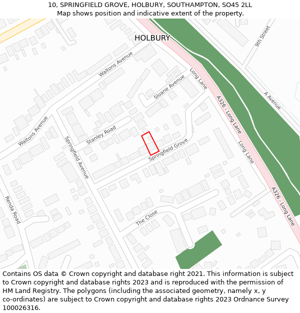 10, SPRINGFIELD GROVE, HOLBURY, SOUTHAMPTON, SO45 2LL: Location map and indicative extent of plot