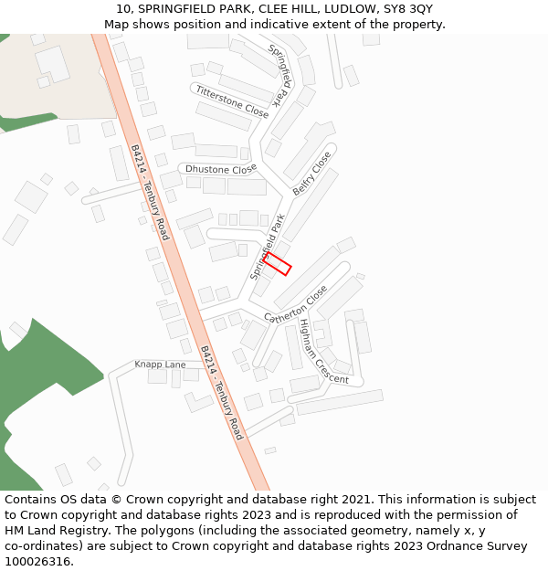 10, SPRINGFIELD PARK, CLEE HILL, LUDLOW, SY8 3QY: Location map and indicative extent of plot