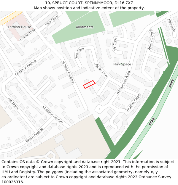 10, SPRUCE COURT, SPENNYMOOR, DL16 7XZ: Location map and indicative extent of plot