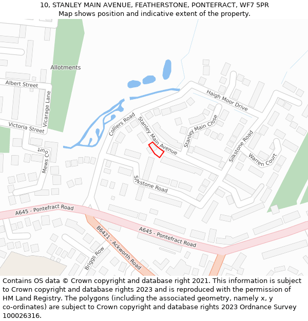 10, STANLEY MAIN AVENUE, FEATHERSTONE, PONTEFRACT, WF7 5PR: Location map and indicative extent of plot
