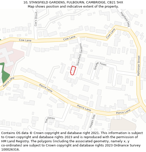 10, STANSFIELD GARDENS, FULBOURN, CAMBRIDGE, CB21 5HX: Location map and indicative extent of plot