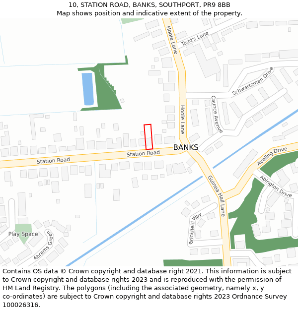 10, STATION ROAD, BANKS, SOUTHPORT, PR9 8BB: Location map and indicative extent of plot