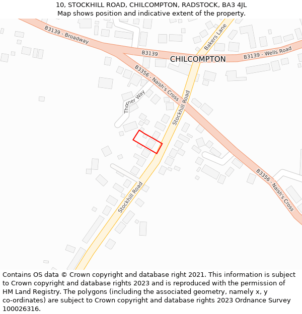 10, STOCKHILL ROAD, CHILCOMPTON, RADSTOCK, BA3 4JL: Location map and indicative extent of plot