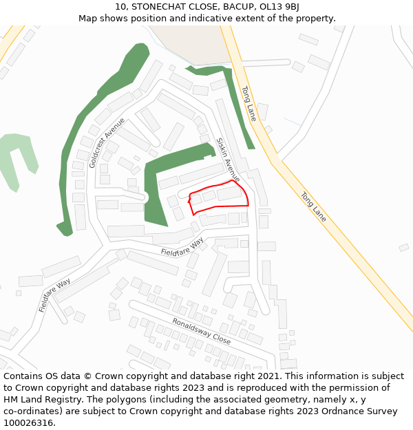 10, STONECHAT CLOSE, BACUP, OL13 9BJ: Location map and indicative extent of plot