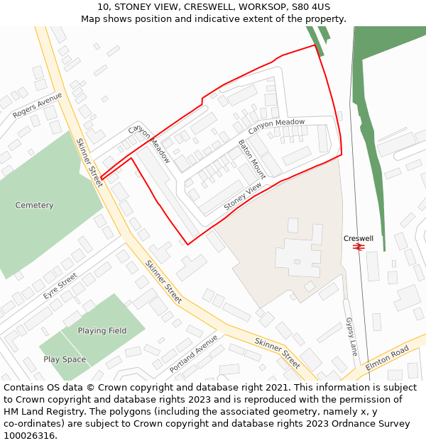 10, STONEY VIEW, CRESWELL, WORKSOP, S80 4US: Location map and indicative extent of plot