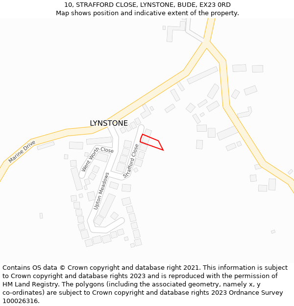 10, STRAFFORD CLOSE, LYNSTONE, BUDE, EX23 0RD: Location map and indicative extent of plot