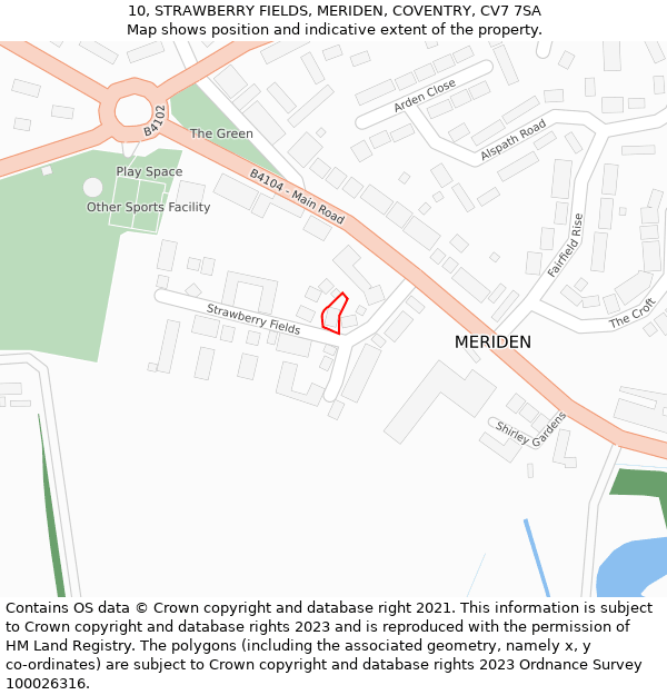 10, STRAWBERRY FIELDS, MERIDEN, COVENTRY, CV7 7SA: Location map and indicative extent of plot