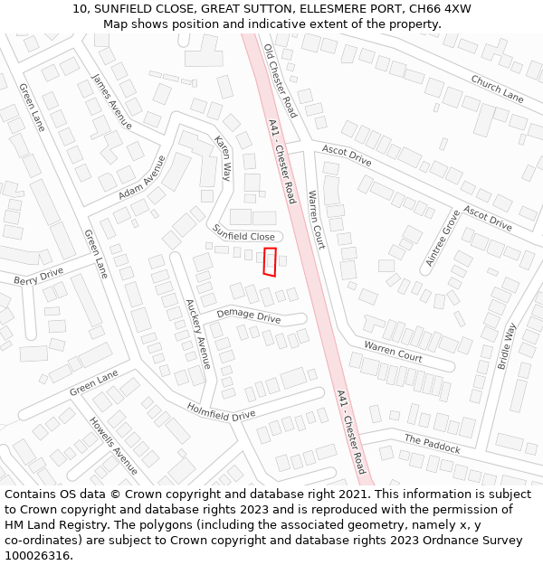 10, SUNFIELD CLOSE, GREAT SUTTON, ELLESMERE PORT, CH66 4XW: Location map and indicative extent of plot