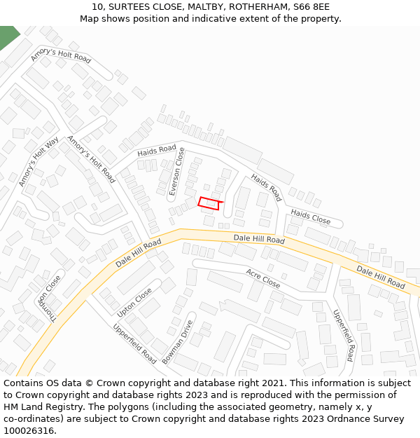10, SURTEES CLOSE, MALTBY, ROTHERHAM, S66 8EE: Location map and indicative extent of plot