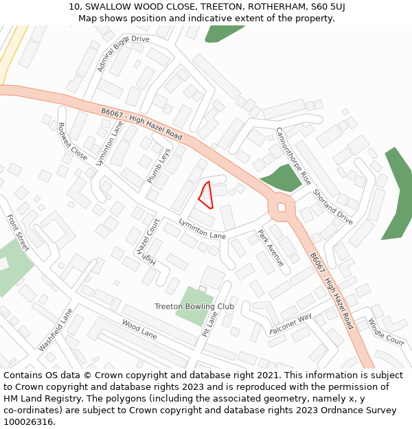 10, SWALLOW WOOD CLOSE, TREETON, ROTHERHAM, S60 5UJ: Location map and indicative extent of plot