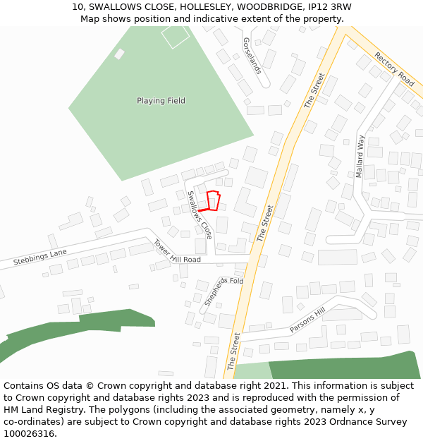 10, SWALLOWS CLOSE, HOLLESLEY, WOODBRIDGE, IP12 3RW: Location map and indicative extent of plot