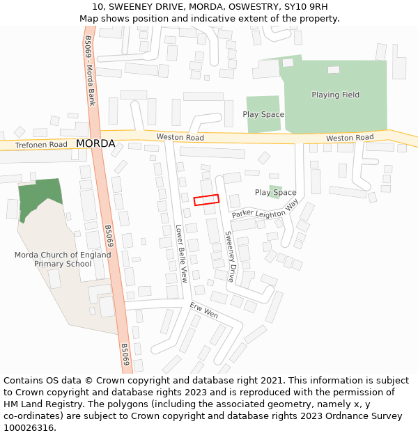 10, SWEENEY DRIVE, MORDA, OSWESTRY, SY10 9RH: Location map and indicative extent of plot