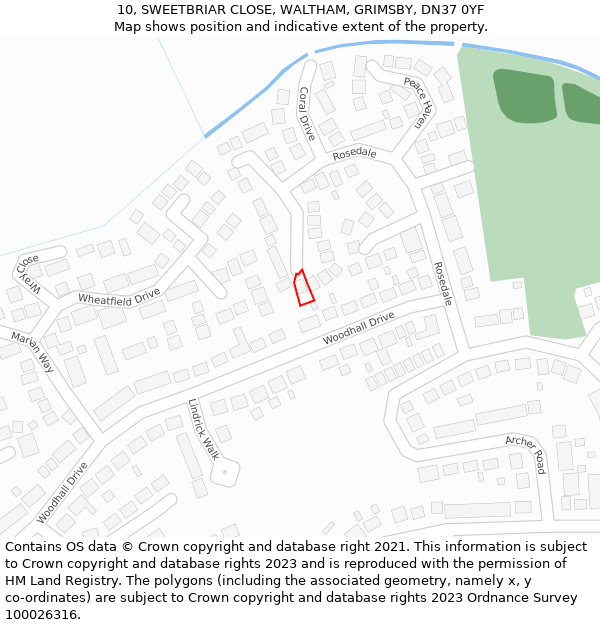 10, SWEETBRIAR CLOSE, WALTHAM, GRIMSBY, DN37 0YF: Location map and indicative extent of plot