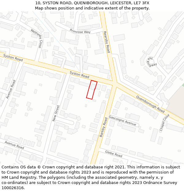 10, SYSTON ROAD, QUENIBOROUGH, LEICESTER, LE7 3FX: Location map and indicative extent of plot