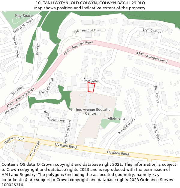 10, TANLLWYFAN, OLD COLWYN, COLWYN BAY, LL29 9LQ: Location map and indicative extent of plot