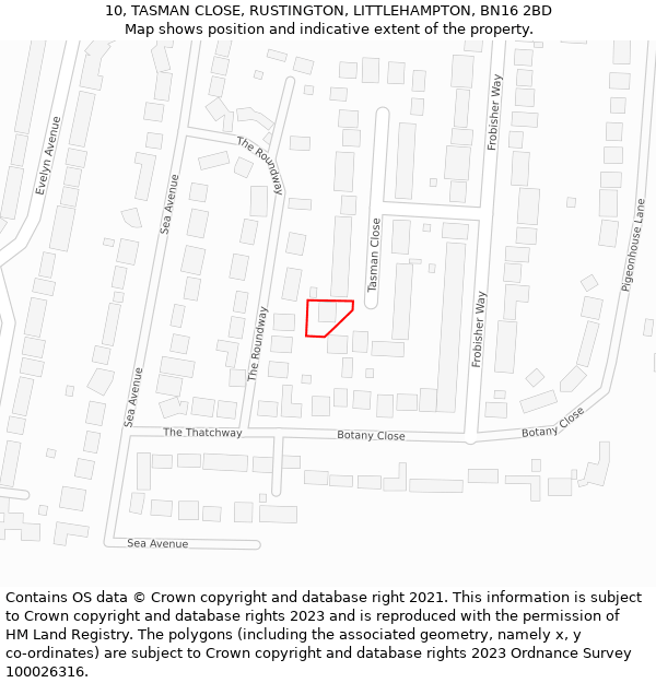 10, TASMAN CLOSE, RUSTINGTON, LITTLEHAMPTON, BN16 2BD: Location map and indicative extent of plot