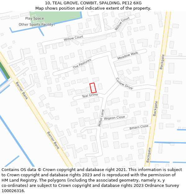 10, TEAL GROVE, COWBIT, SPALDING, PE12 6XG: Location map and indicative extent of plot