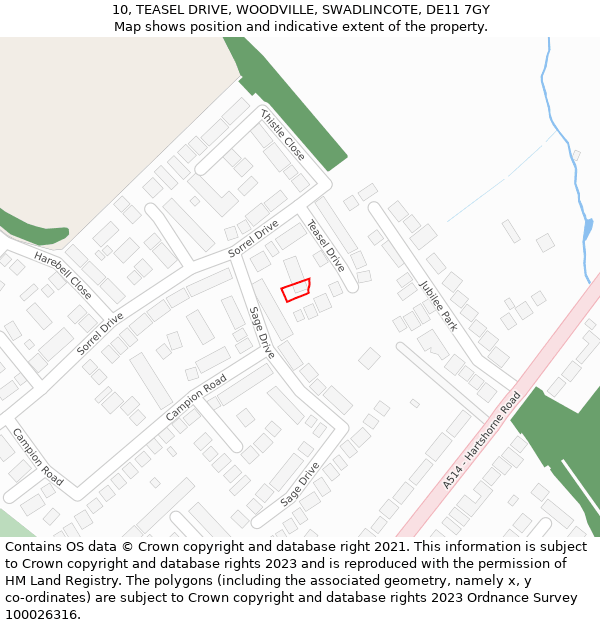 10, TEASEL DRIVE, WOODVILLE, SWADLINCOTE, DE11 7GY: Location map and indicative extent of plot