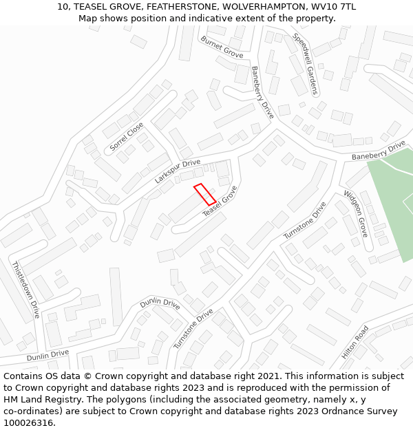 10, TEASEL GROVE, FEATHERSTONE, WOLVERHAMPTON, WV10 7TL: Location map and indicative extent of plot