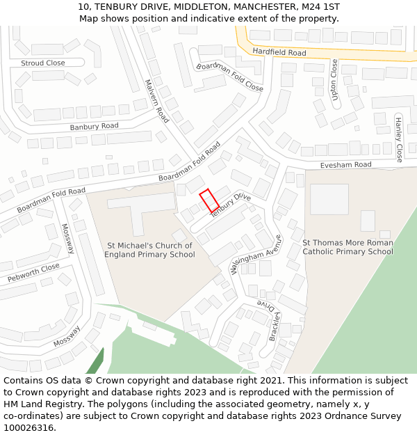 10, TENBURY DRIVE, MIDDLETON, MANCHESTER, M24 1ST: Location map and indicative extent of plot