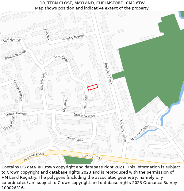 10, TERN CLOSE, MAYLAND, CHELMSFORD, CM3 6TW: Location map and indicative extent of plot