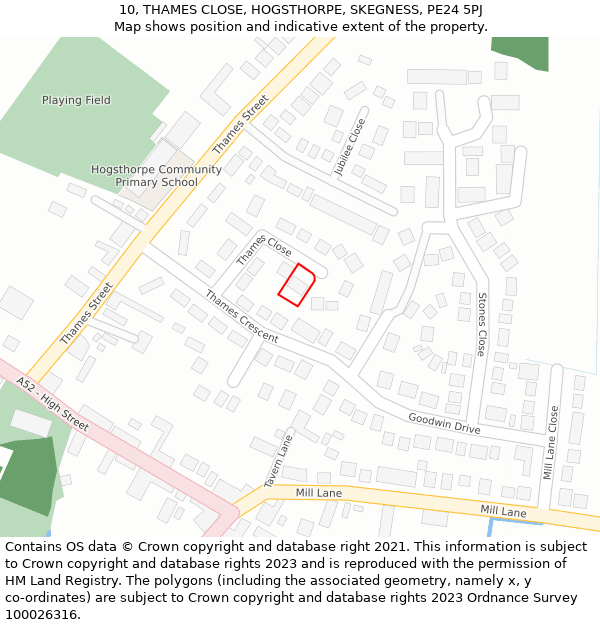 10, THAMES CLOSE, HOGSTHORPE, SKEGNESS, PE24 5PJ: Location map and indicative extent of plot