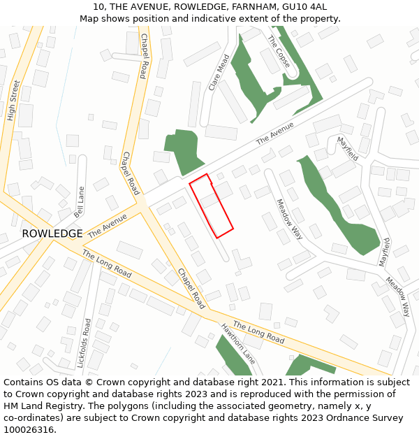 10, THE AVENUE, ROWLEDGE, FARNHAM, GU10 4AL: Location map and indicative extent of plot