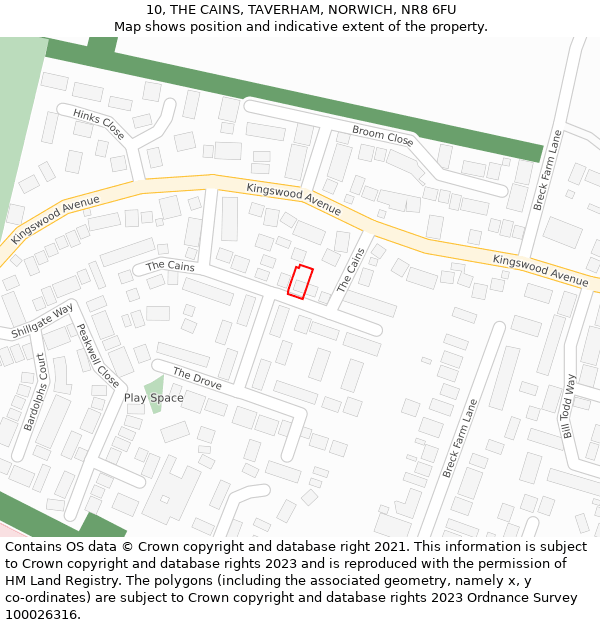 10, THE CAINS, TAVERHAM, NORWICH, NR8 6FU: Location map and indicative extent of plot