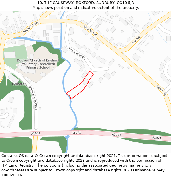 10, THE CAUSEWAY, BOXFORD, SUDBURY, CO10 5JR: Location map and indicative extent of plot