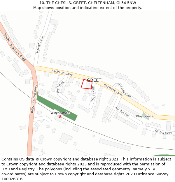 10, THE CHESILS, GREET, CHELTENHAM, GL54 5NW: Location map and indicative extent of plot