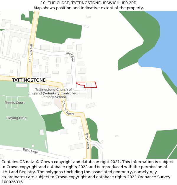 10, THE CLOSE, TATTINGSTONE, IPSWICH, IP9 2PD: Location map and indicative extent of plot