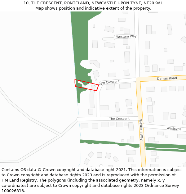 10, THE CRESCENT, PONTELAND, NEWCASTLE UPON TYNE, NE20 9AL: Location map and indicative extent of plot