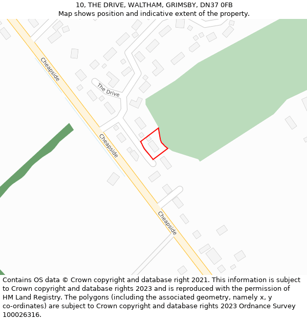 10, THE DRIVE, WALTHAM, GRIMSBY, DN37 0FB: Location map and indicative extent of plot