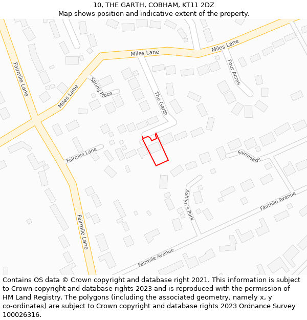 10, THE GARTH, COBHAM, KT11 2DZ: Location map and indicative extent of plot
