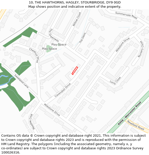 10, THE HAWTHORNS, HAGLEY, STOURBRIDGE, DY9 0GD: Location map and indicative extent of plot