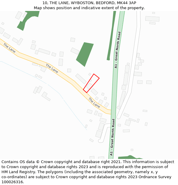 10, THE LANE, WYBOSTON, BEDFORD, MK44 3AP: Location map and indicative extent of plot